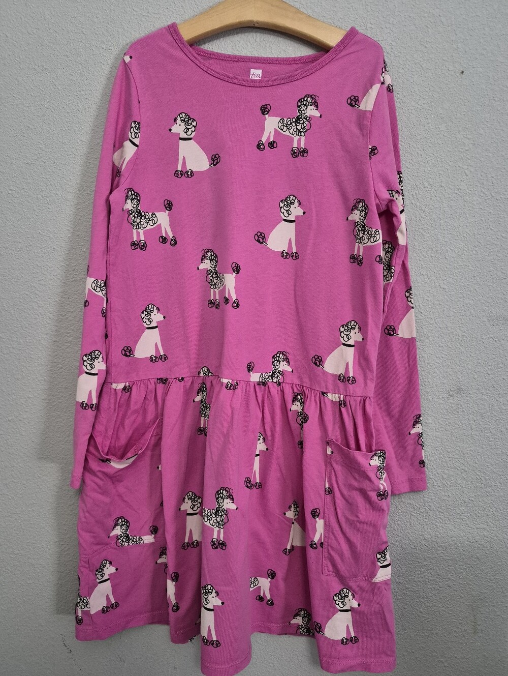 Tea Poodle Print Girls Long Sleeve Knit Dress Pink Size 12